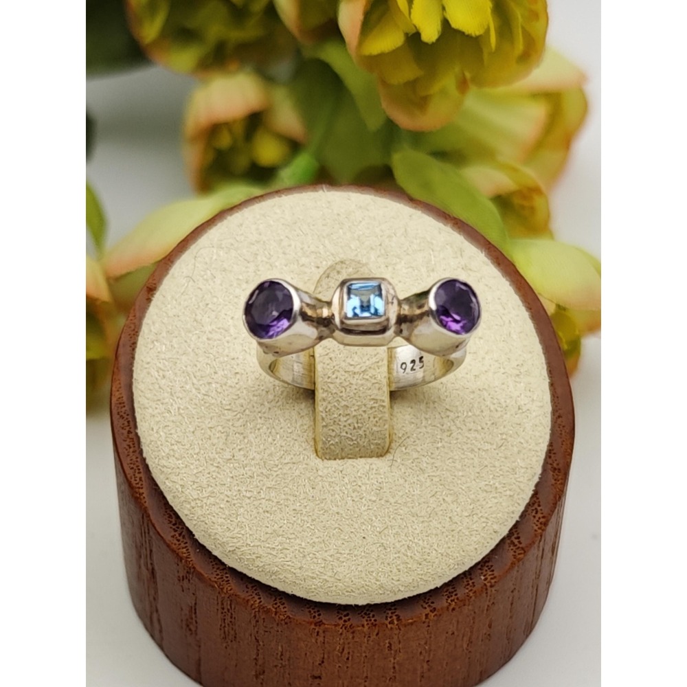 Handmade Artisan Amethyst Topaz Ring Womens Size 5 Silver Trilogy Cluster Boho